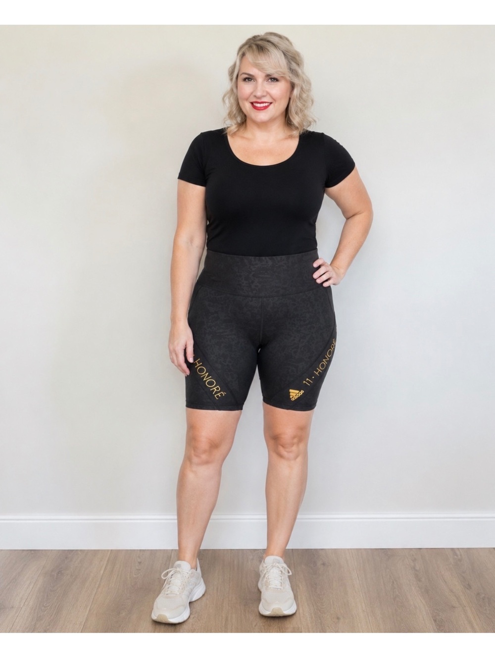 Adidas 11 Honoré Women’s High-Rise Biker Shorts Black Gold Size 2X
